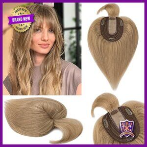 Clip-In Human Hair Topper with Bangs, 14 Inch, 130% Density Silk Base